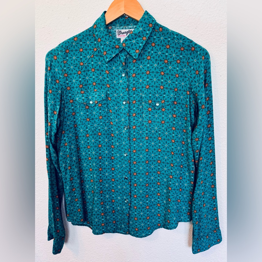 WRANGLER Wrancher Shirts Ladies Teal Green Western Pearl Snap Shirt Size S/P
